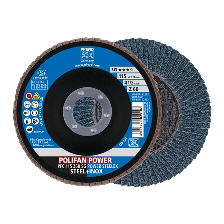 Pferd 4-1/2" x 7/8" A.H. POLIFAN Flap Disc - Z SG POWER STEELOX, Zirconia, 60 Grit, Conical 62223